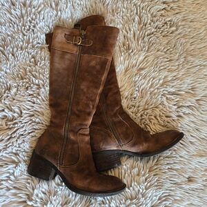 Born Brown Heeled Boots with Stacked Heel and Buckle